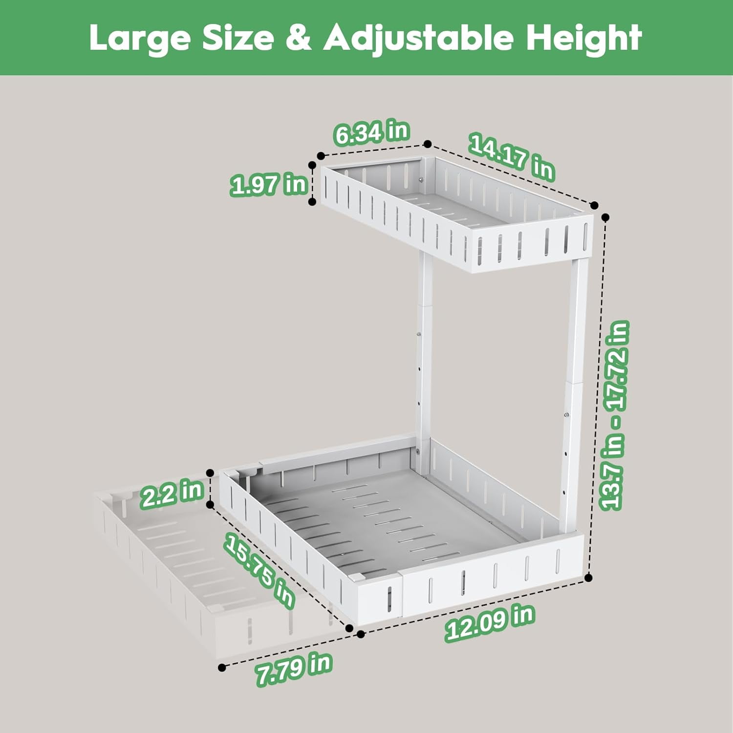 Under Sink Organizer, 2 Tier Expandable Under Cabinet Organizer, Heights Adjustable Pull Out Storage for Kitchen Bathroom Laundry, White, 2 Pack