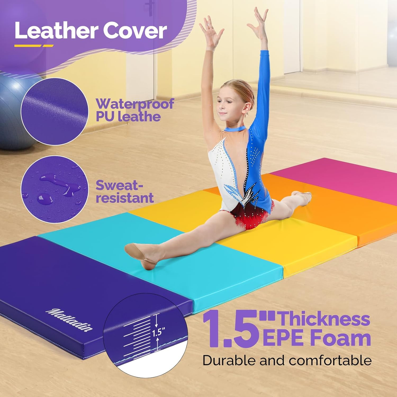 Matladin 1.5" Thick 5-Folding Gymnastics Mat, 6.3'x2.5', Multi-Color Exercise Mat with Handles