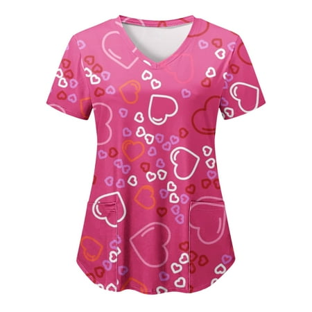 

Heart Printed Working Uniform Women Print Short Sleeve V Neck shirts Blouse Tops Pockets Top Scrubs Uniform Nurses