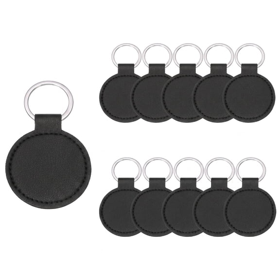 10 Pack Black PU Leather Keychain Blanks, 2 Inch Round Laser Engraving Key Fobs with Key Rings for DIY Crafts and Gifts