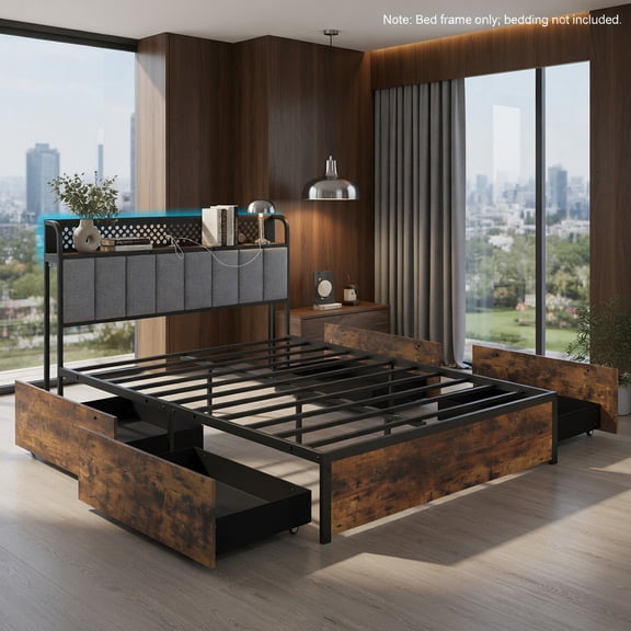 Topcobe Twin/Full/Queen Bed Frame with LED Lights Upholstered Headboard and 4 Storage Drawers, Modern Furniture for Bedroom, Fashion Design-Full Size