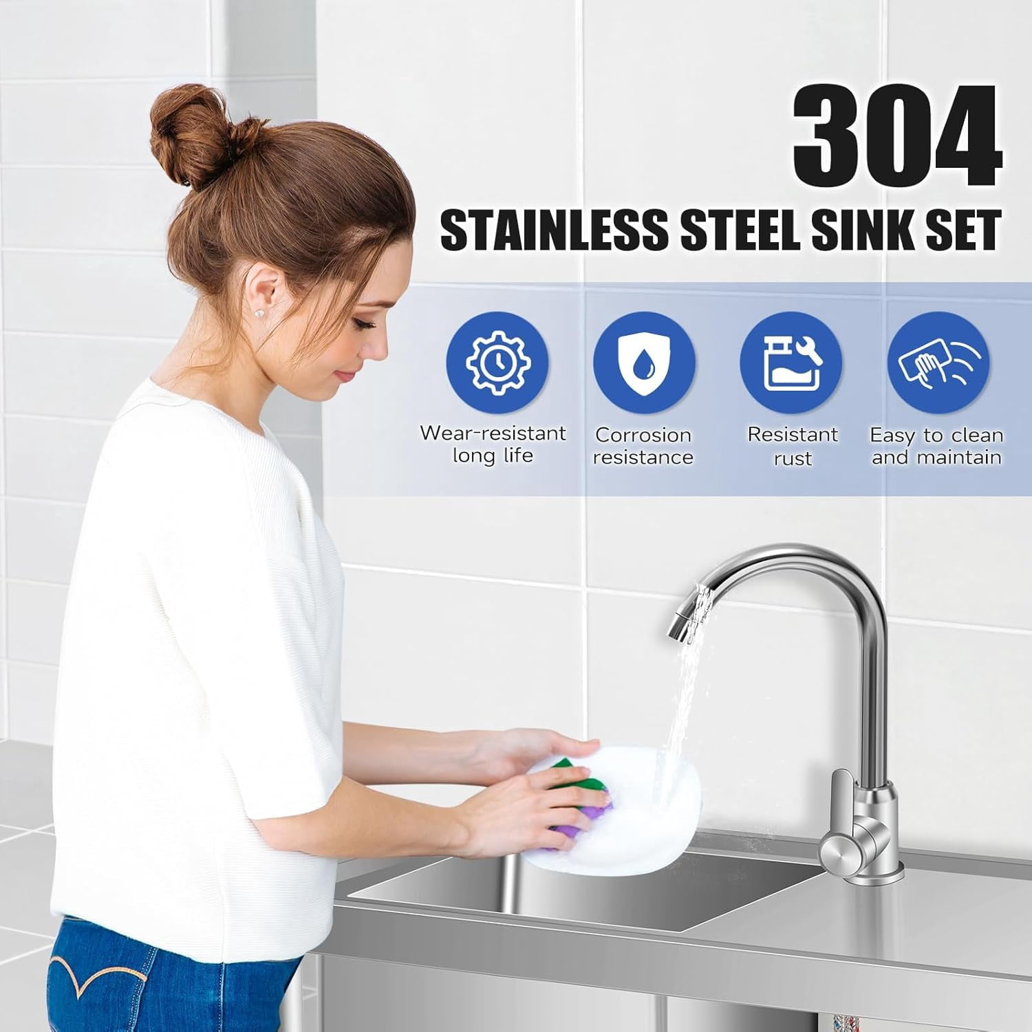 Stainless Steel Utility Sink, with Faucet, Legs, Cold and Hot Water Pipe, Heavy-Duty, Easy to Clean, for Laundry, Kitchen, Garage, Outdoor, Garden