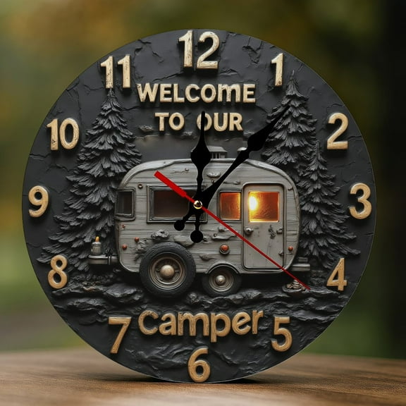 Wall Clock Decorative - Rustic Gray Camper Print 2D Vintage Wall Clocks Battery Operated Silent Non-Ticking for Bedroom, Living Room, Kitchen, Office, Classroom, 10 Inch