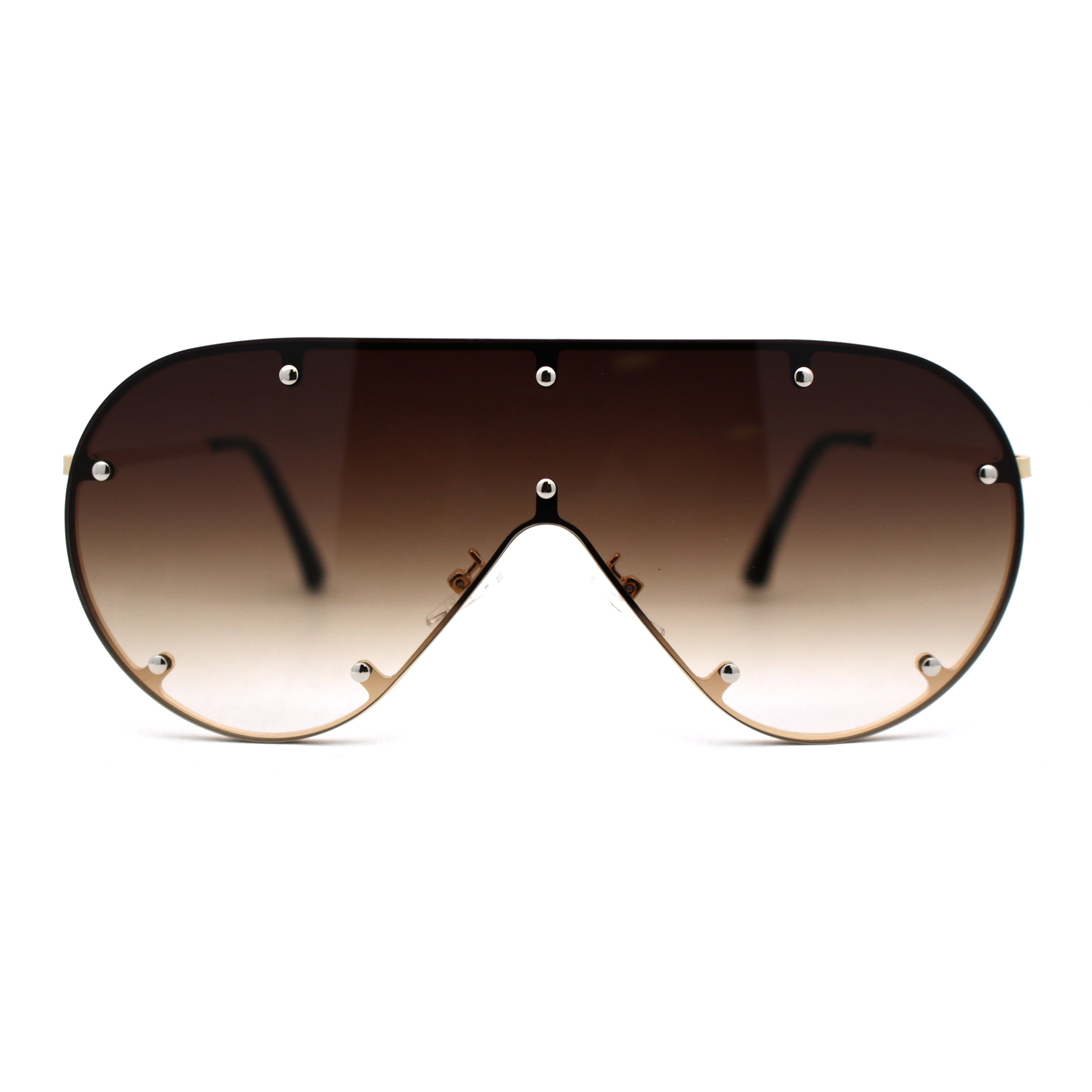 Metal Stud Brow Line Flat Top Rimless Shield Racer Sunglasses Gold 