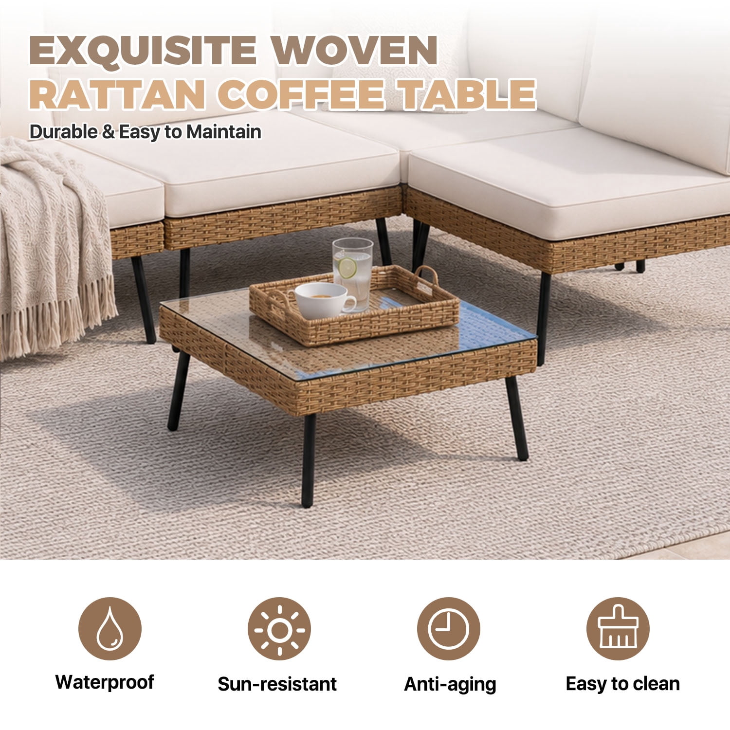 BaPiPro 5-Piece Modular Outdoor PE Rattan Sectional Sofa Set, All Weather Patio Furniture with Removable 4" High Density Cushions & Tempered Glass Coffee Table for Backyard Garden Courtyard, Beige