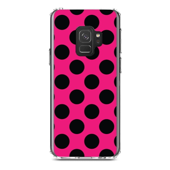 DistinctInk Clear Shockproof Hybrid Case for Samsung Galaxy S9 (5.8" Screen) - TPU Bumper, Acrylic Back, Tempered Glass Screen Protector - Black & Hot Pink Polka Dots