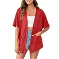 thumbnail image 3 of UVEASISHA Casual Cardigans for Women Short Sleeve Lightweight Summer Kimono Cardigan Baggy Comfy Beach Cover Ups with Pockets Red S, 3 of 8