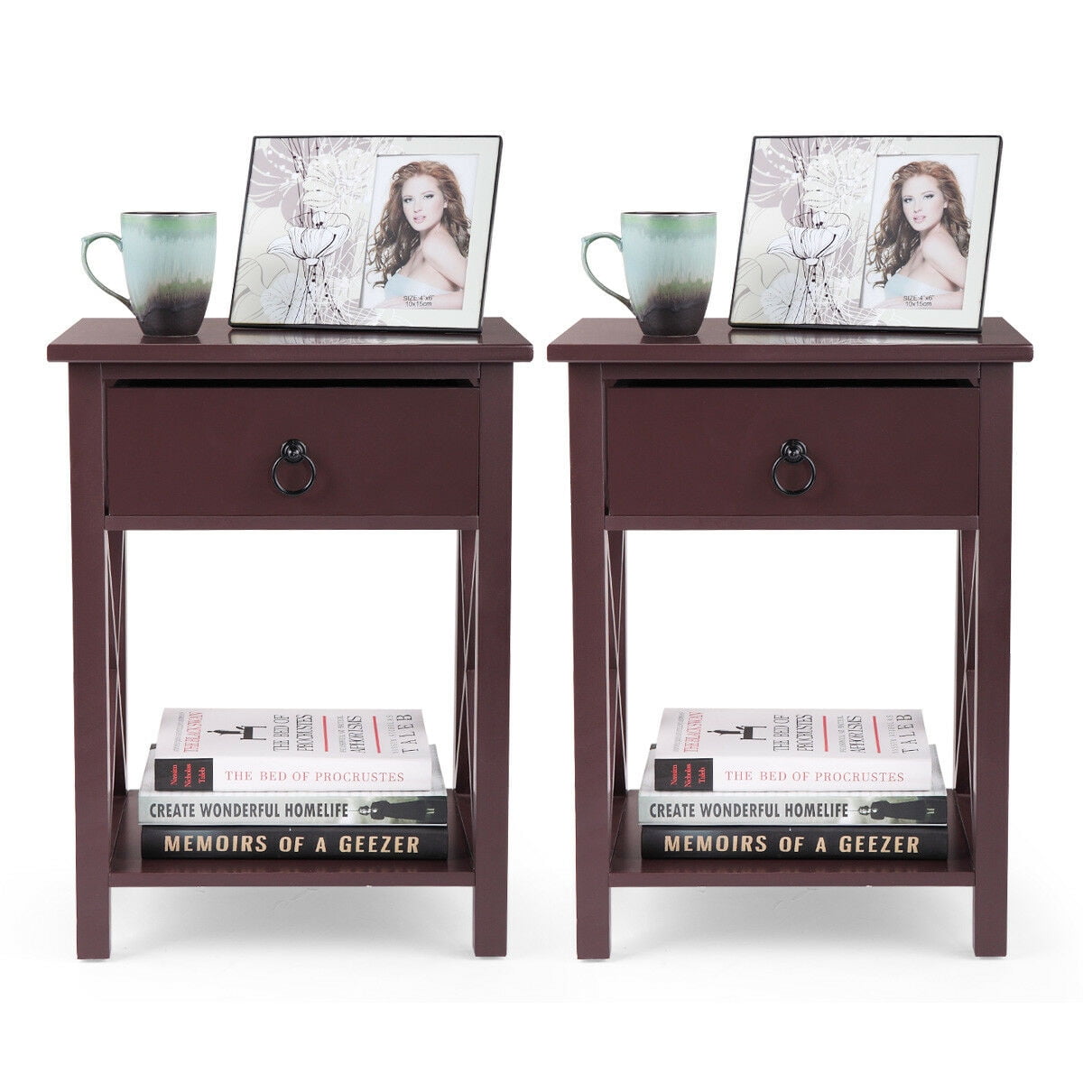 Kepooman Night Stand Set of 2, Bedside Sofaside Table End Table w/ Storage Drawer - Brown Kepooman Night Stand Set of 2, Bedside Sofaside Table End Table w/ Storage Drawer - Brown