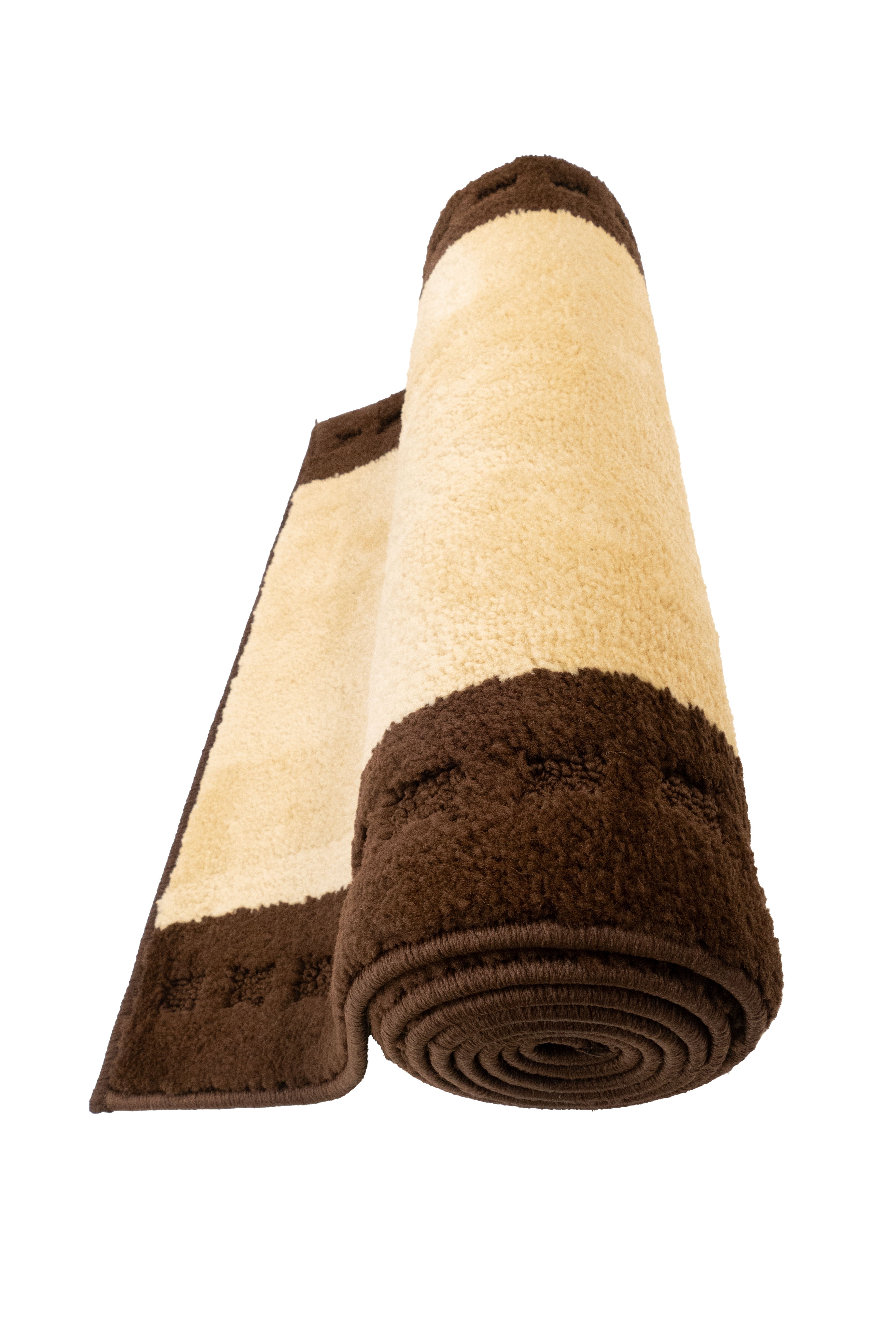Custom Size Anti-Slip Machine Washable Medium Profile Cut Pile Cream Bordered Brown Runner Rugs ( 17' x 26")