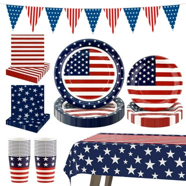 YIBAGA 4th of July Decorations Patriotic Party Supplies Set for 24-Disposable Plates, Napkins, Cups, Tablecloth, Flag