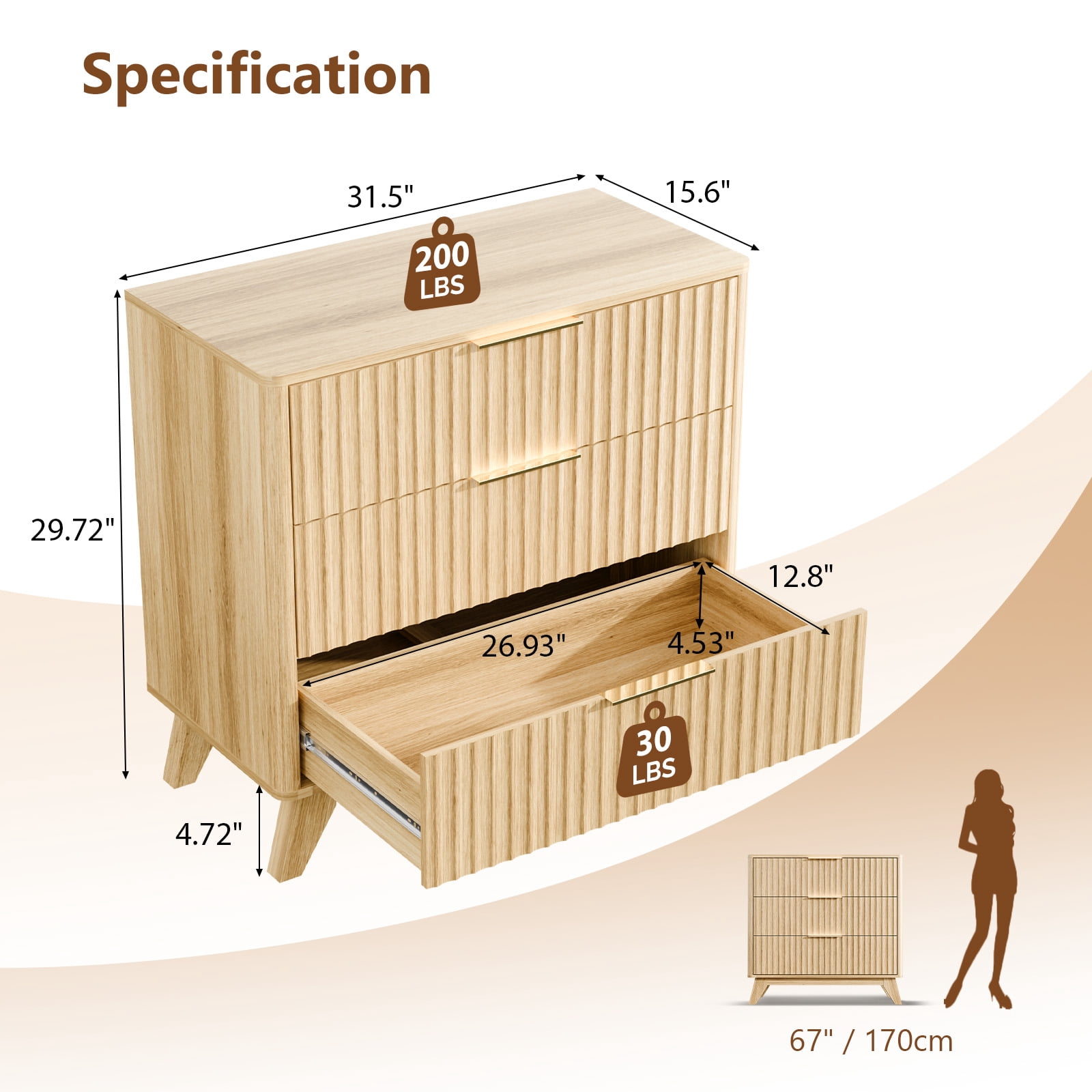3-Drawer Storage Chest, Grid Front Dresser with Metal Drawer Runners, Anti-Tip Design, Compact Wooden Cabinet for Bedroom, Living Room, Home Office
