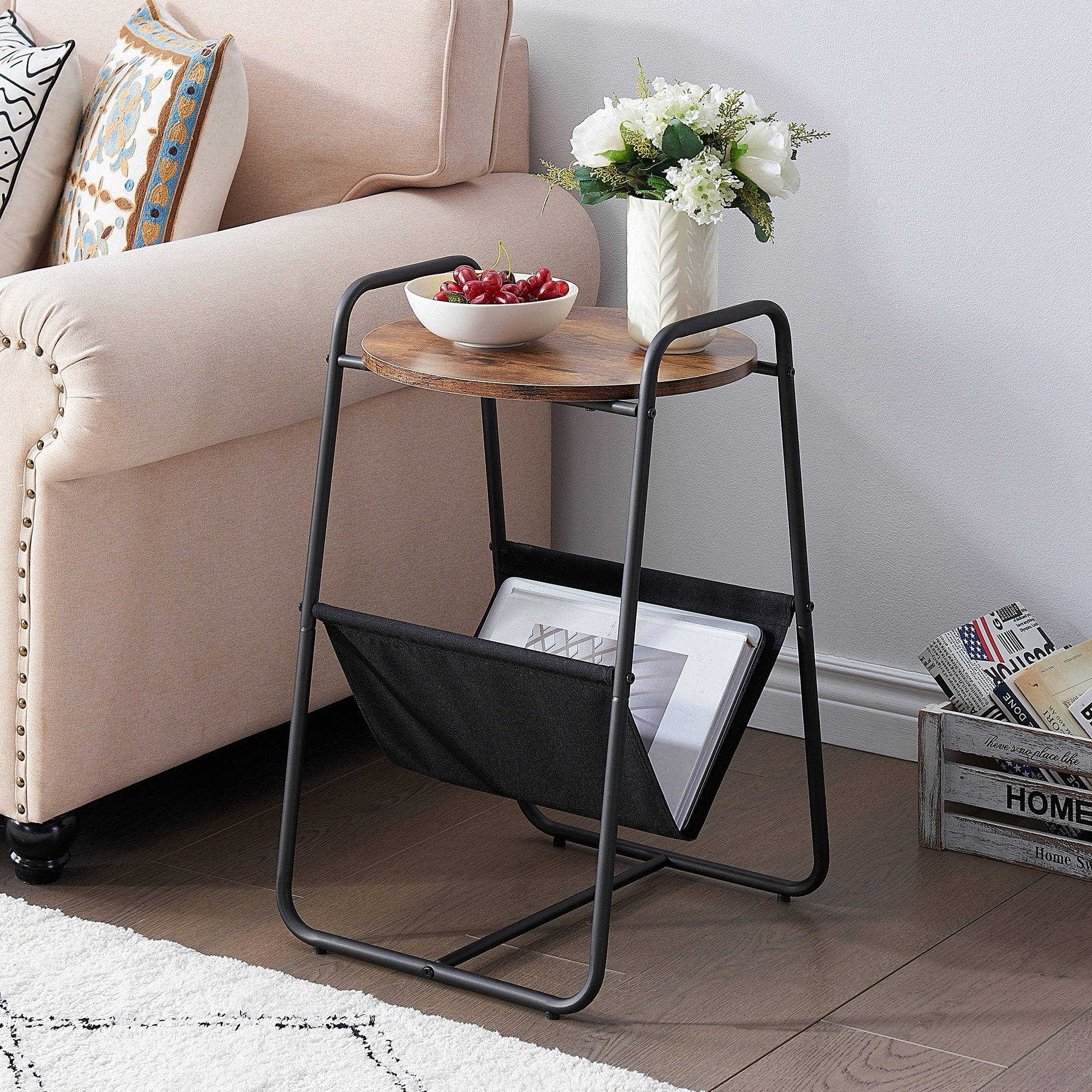 VECELO End Table with Storage Pockets, Sofa Side Snack Coffee Tray ...