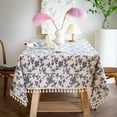 thumbnail image 2 of Blue Tablecloths Bohemian Floral Fabric Tassel Rectangle Dust-Proof for Home Decoration Kitchen Holiday Party Dining Table Cover (Style B,90x90cm 1pc), 2 of 7