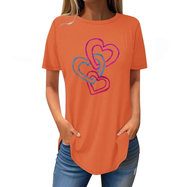 FAIWAD Tuniques à Manches Courtes pour Femmes, Col Rond, Blouses Amples, T-shirts Graphiques avec Cœur Mignon