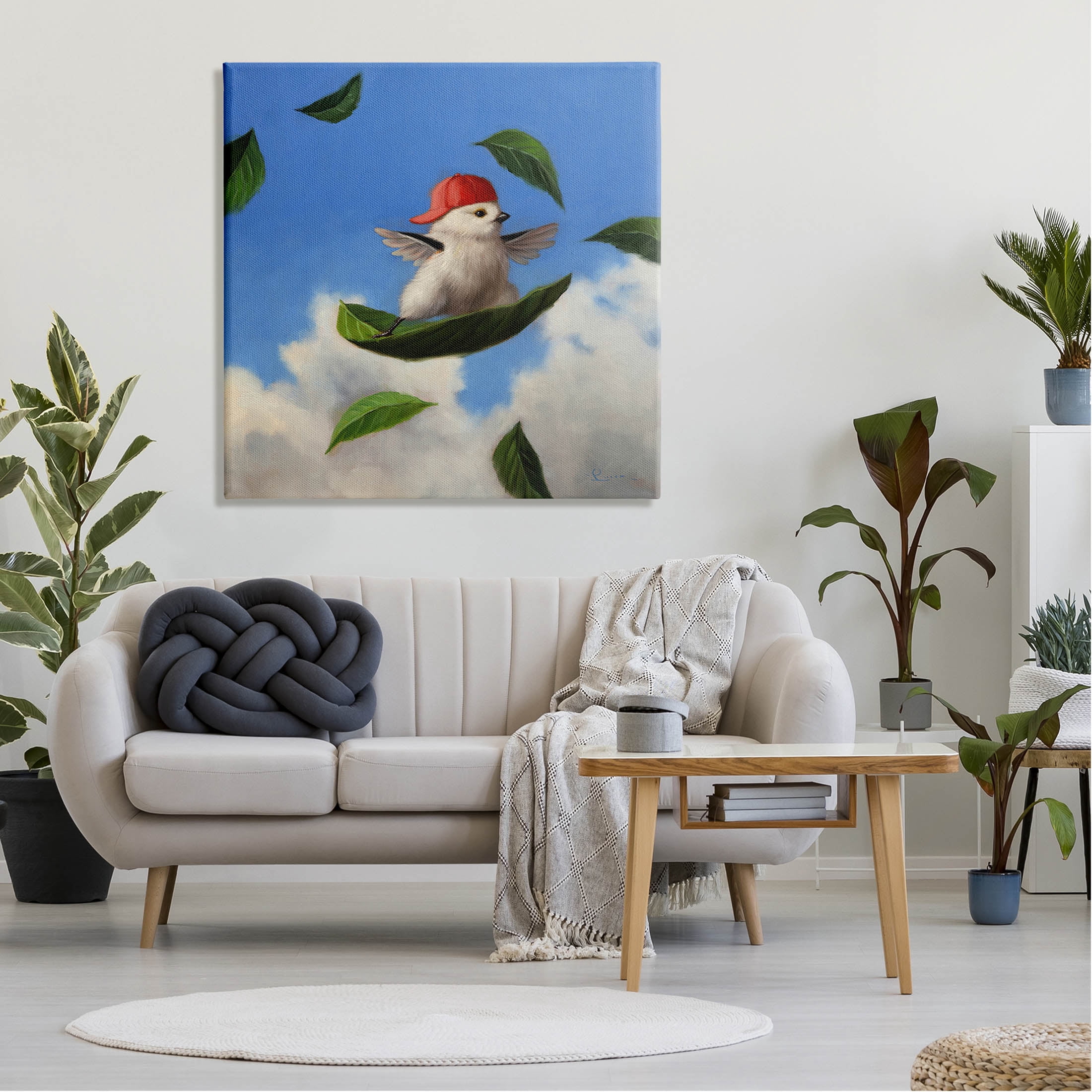 Bird Leaf Surfing Windy Sky Animals & Insects Painting Gallery Wrapped Canvas Print Wall Art