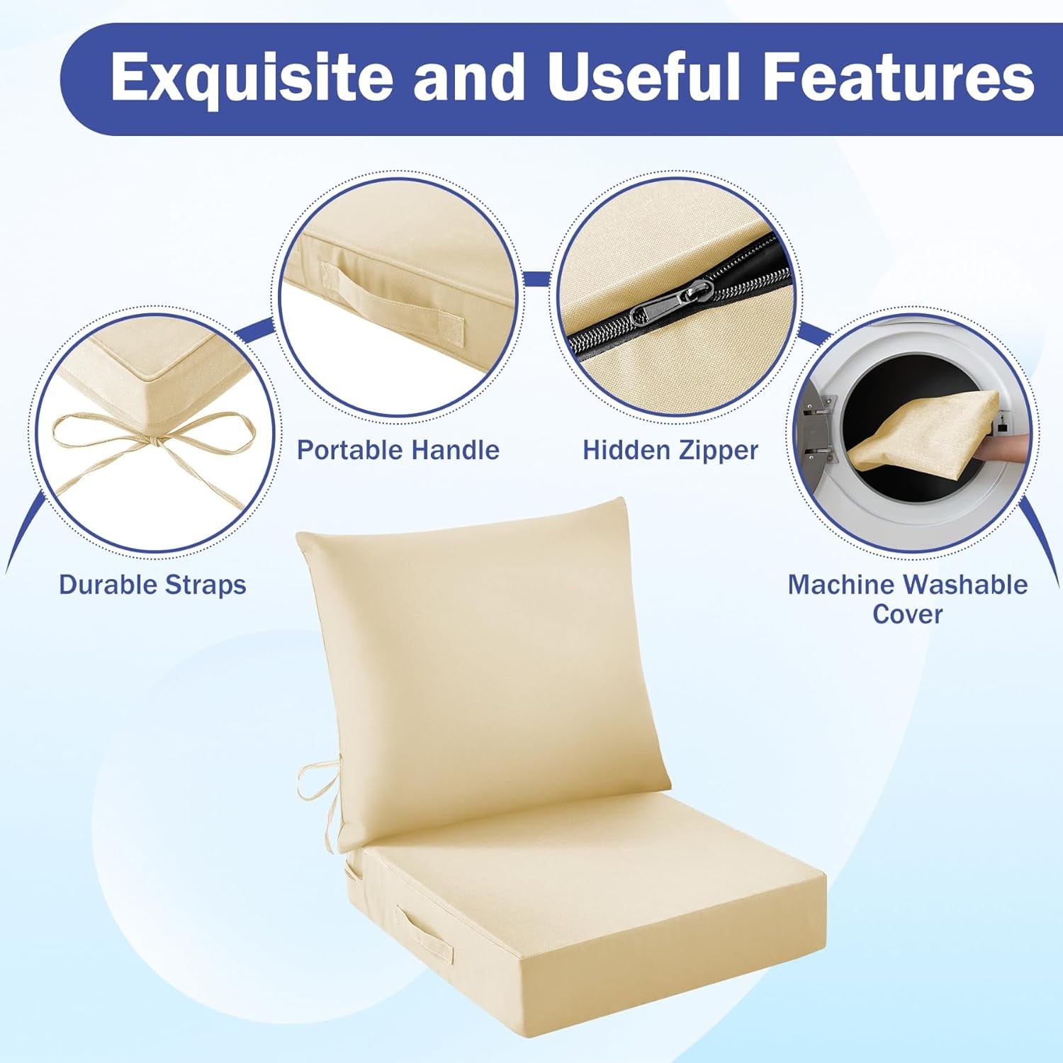 Outdoor Seat Cushion Set, Waterproof & Fade Resistant Patio Chair Cushions, Outdoors Cushion for Patio Furniture, 24 x 24 x 5.75 Inch, Outdoor Couch Cushions with Handle and Ties, Light Khaki