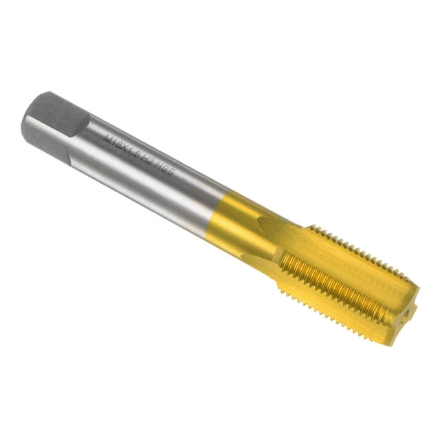 Unique Bargains Metric Tap M18 x 1.5 H2 Right Hand Thread Plug Ti-coated for Threading Tapping. Made of high-speed steel with a titanium-coated finish for enhanced durability. Features taper cutting edges and straight threaded flute for precise threading. Ideal for machine use to create female threads inside holes, commonly used for alloy steel and other hard materials. Categorized under hand tools and taps and dies. Total length is 105mm with a thread length of 30mm.