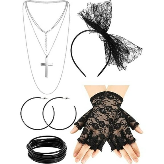 5-Pcs Complete 80s Costume Jewelry Kit,  Vintage Style Fishnet Gloves Sparkly Earrings Choker Necklace for Women, 80s Party  Disco Theme