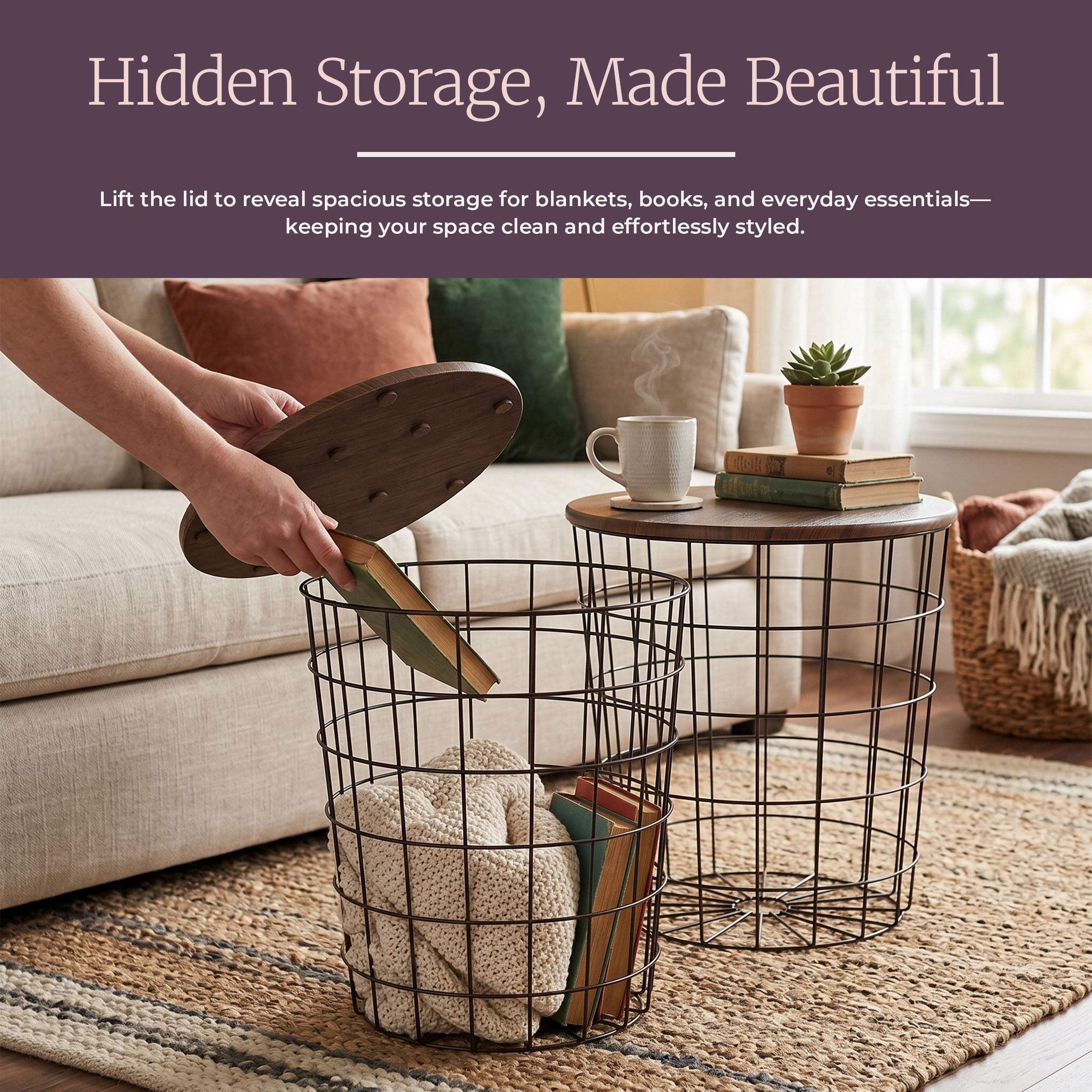 Lavish Home Nesting Basket End Tables Set of 2 for Blanket Storage, Brown