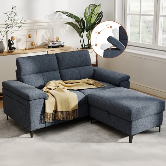 71" Loveseat Sofa with Storage Ottoman Adjustable Armrest L-Shaped Sectional Couch for Living Room Blue