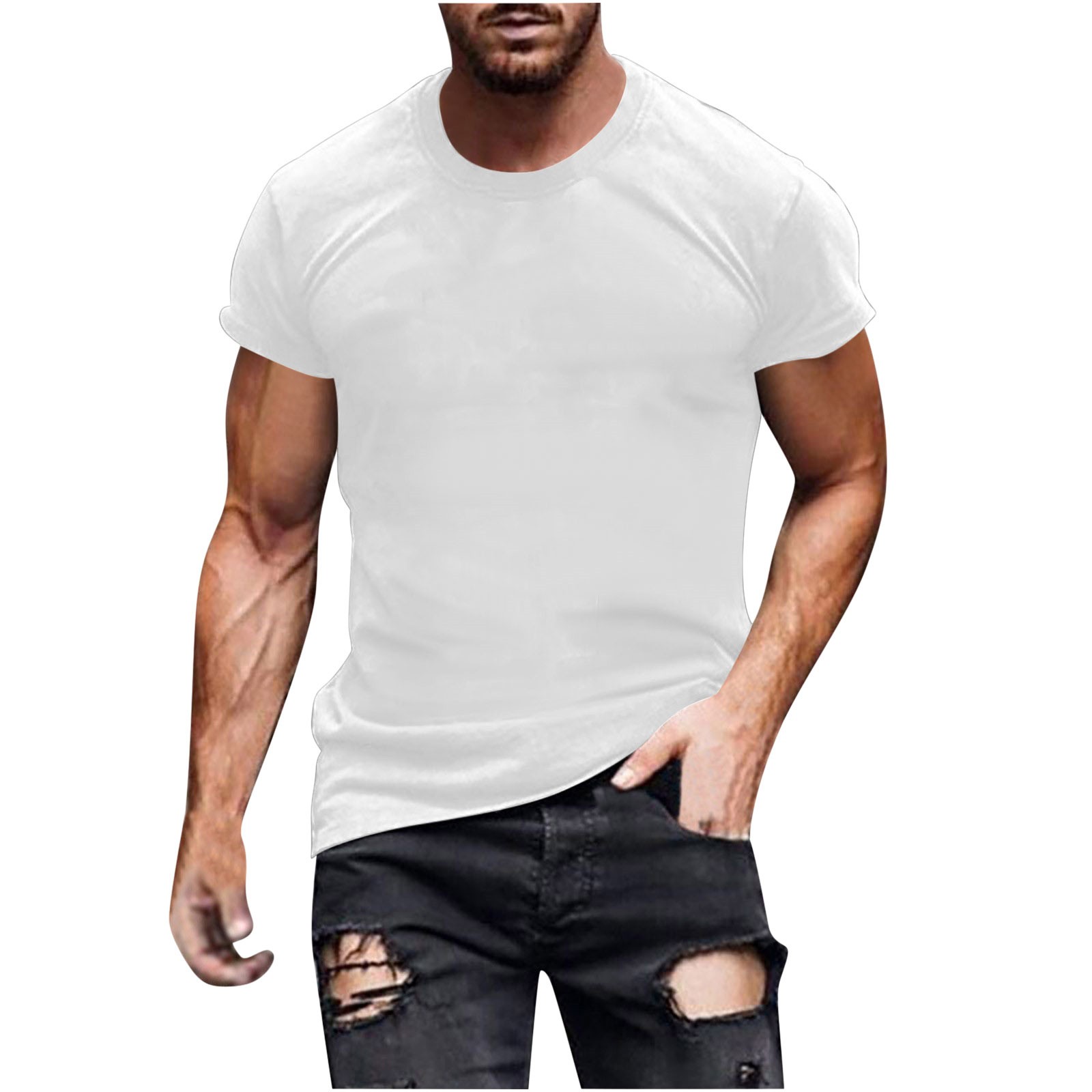Summer Tops for Men Men's Round Neck Short Sleeved Short Sleeved Round Neck Top/Shirt White M