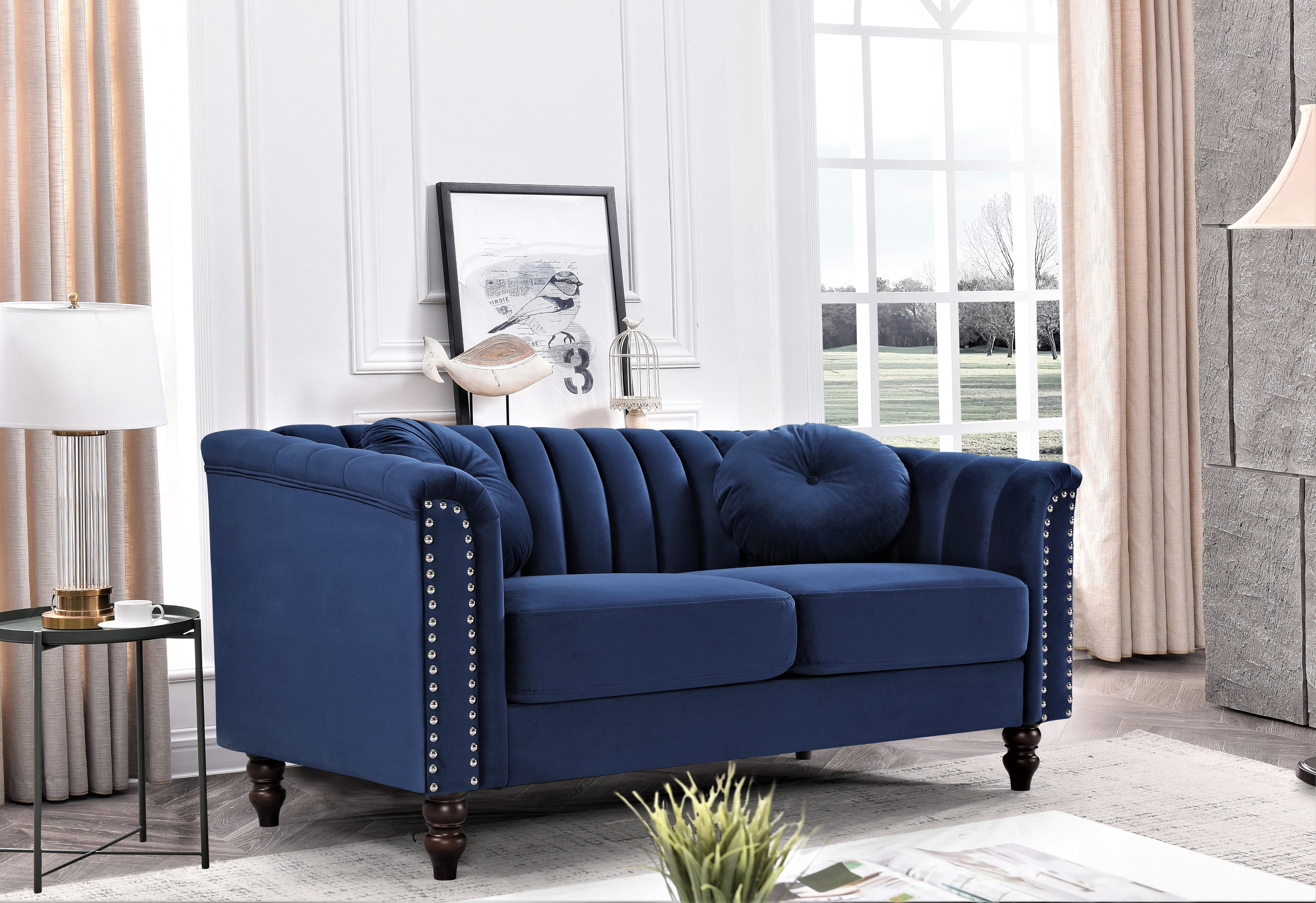 US PRIDE FURNITURE Hills Tufted Back Nailhead 61.4'' Loveseat-Dark Blue