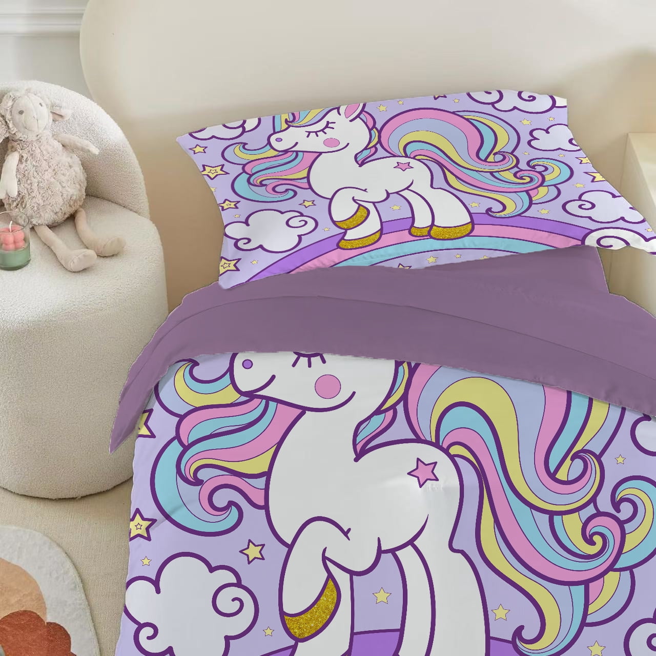 JJCOITR Rainbow Unicorn Bedding Set Twin Purple Unicorn Comforter Sets with Stars Cloud for Girls Kids Teens Children Adults Bedroom Decor All Season 3 Pieces