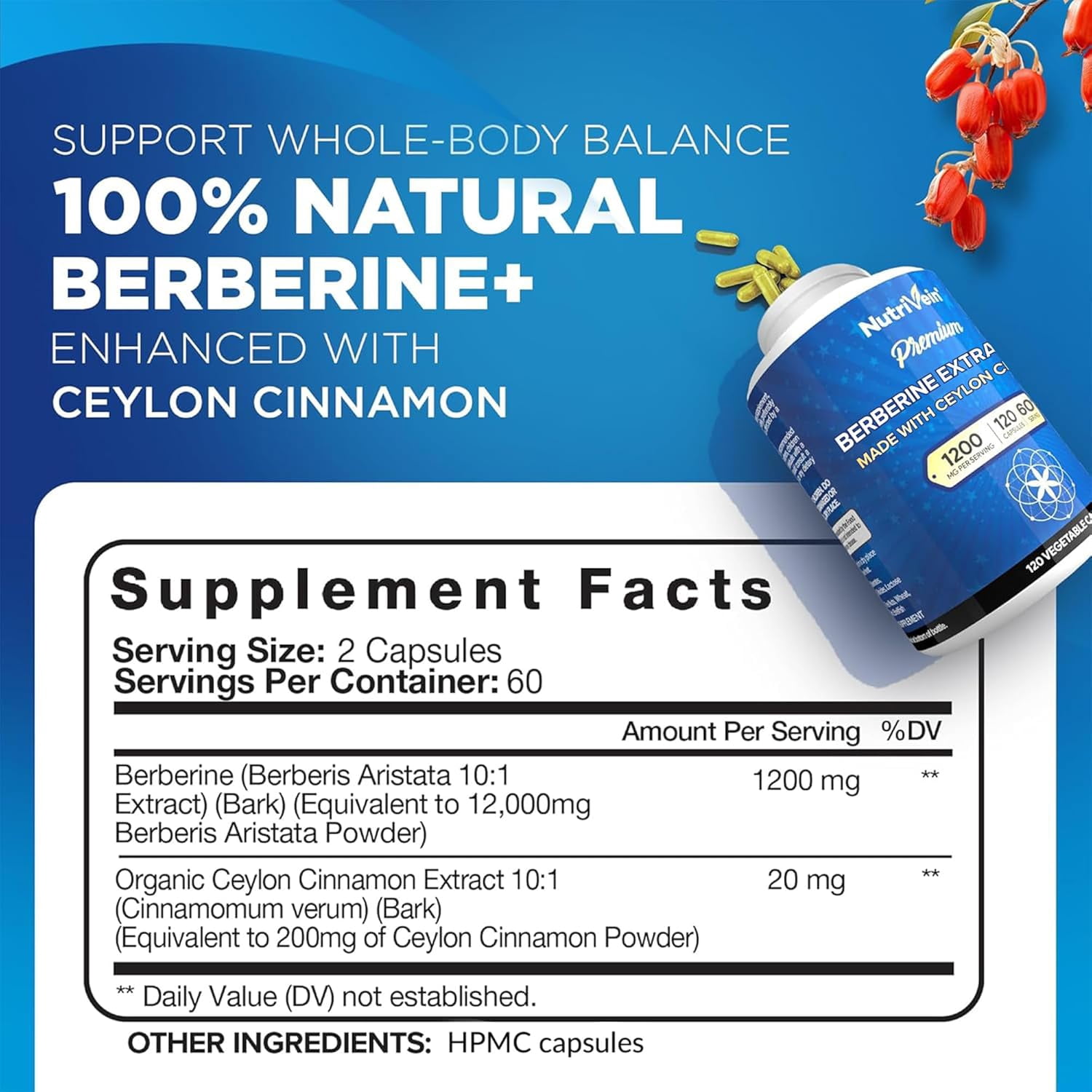 Nutrivein Berberine With Ceylon Cinnamon - 1200 Mg, Vegan - 120 Capsules