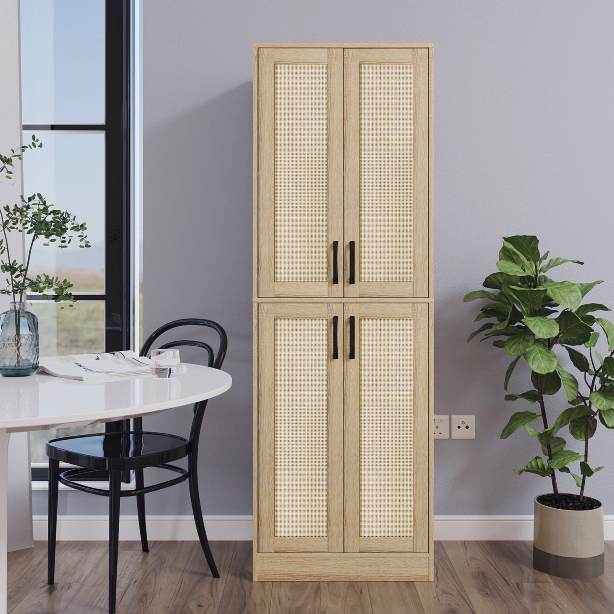 BOCVKENN Storage Cabinet - Kitchen Pantry Cabinet, Tall Pantry Storage Cabinet Freestanding with 4 Rattan Doors and Adjustable Shelves, Cupboard Cabinet for Dining Living Room, Laundry, Bathroom