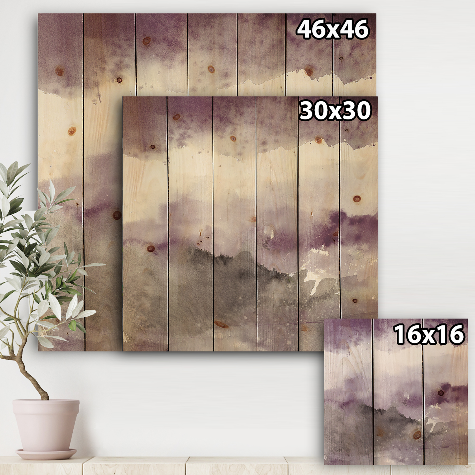 Designart 'Midnight at the Lake III Amethyst and Grey' Shabby Chic Print on Natural Pine Wood
