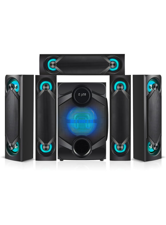 Nyne NHT5.1RGB 5.1 Channel Surround Sound Home Audio Theatre System  RGB Multi-Color Illumination, For TV, USB, SD, RCA Out In, 8 Inch Active Subwoofer, 6 Inch Passive Radiator, Soundbar