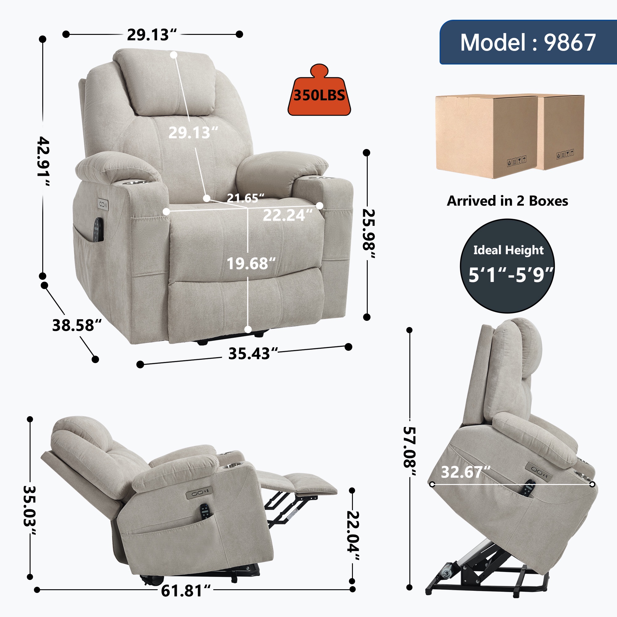 Chenille Power Lift Recliner Chair for Seniors, Heavy Duty 350 lbs Capacity with 8-Point Massage & Lumbar Heat, USB Type-A/C Ports, Stainless Steel Cup Holders, Living Room Comfort