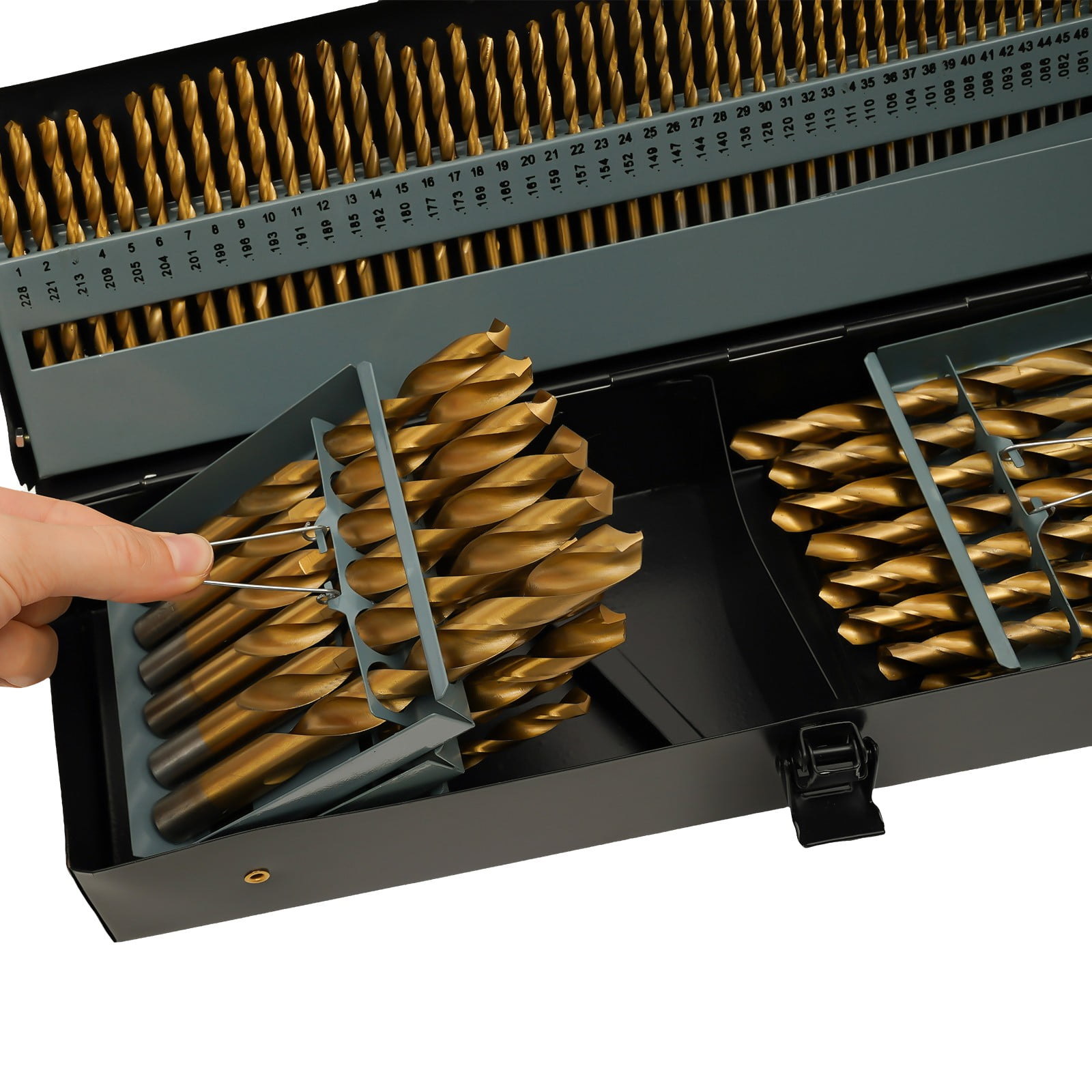 115PCS Drill Bit Set, 4241 High Speed Steel & Iron Material, Gold Black Painted Surface. 118° Point Angle, Straight Round Shank, Spiral Flute for Electric Drill Mount