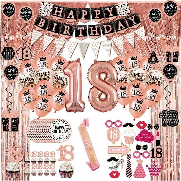 18th birthday decorations for girls - KKS1 rose gold party Banner,happy birthday balloon,pink sash,party decorations