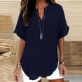 thumbnail image 4 of Womens Cotton Linen Tops Short Sleeve V Neck Blouse Fashion Casual Loose Fit Lightweight Breathable Summer Daily Wear by Yigetop Navy L, 4 of 6