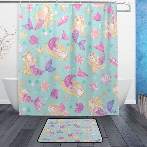 TTYFWHD 60" x 72" Shower Curtain and Bath Mat Set Mermaid Sea Shell Pattern Waterproof Bathroom Curtain with 12 Hooks, Bathroom Decor Set