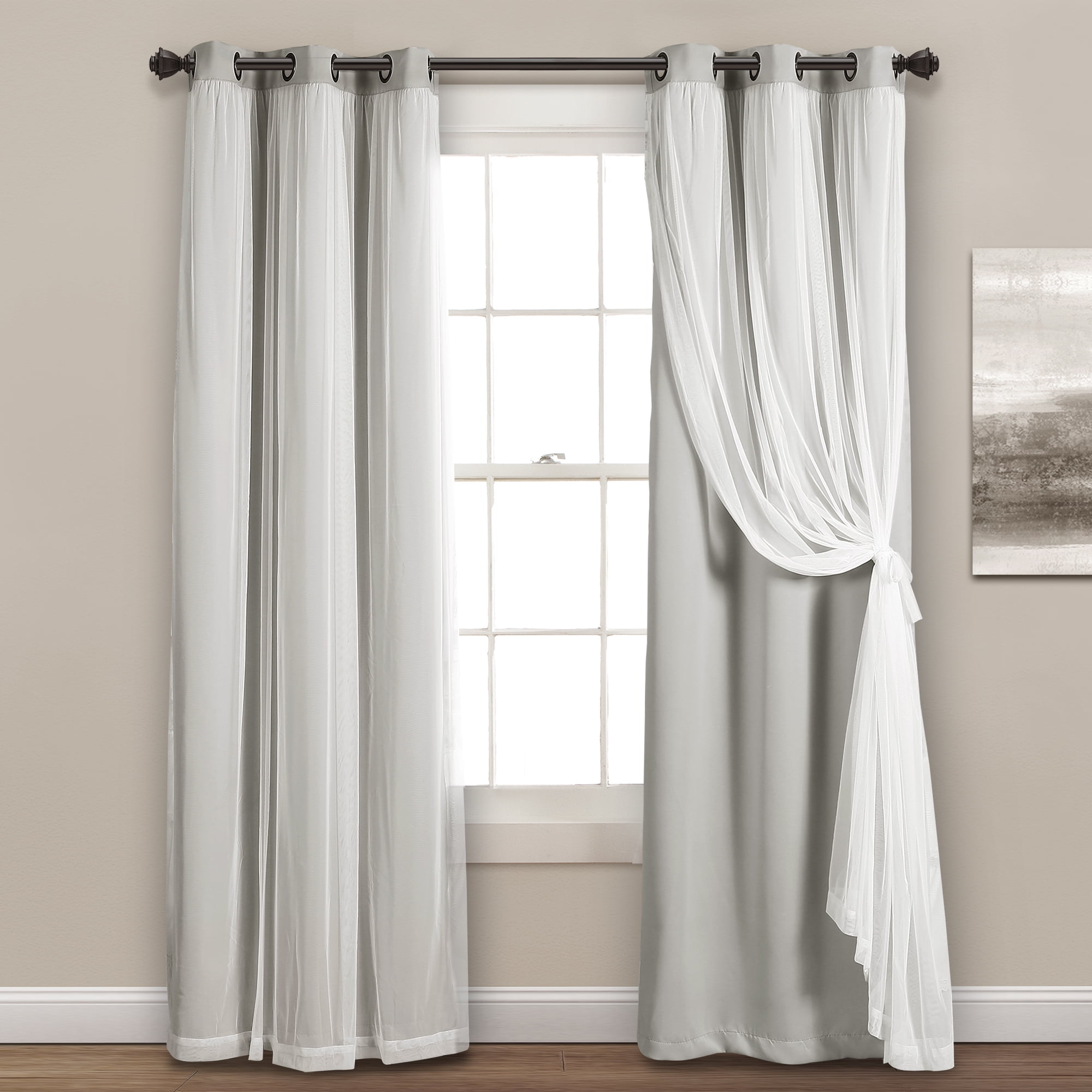White Floral Transitional Semi-Sheer Light Filtering Window Curtain with Overlay 