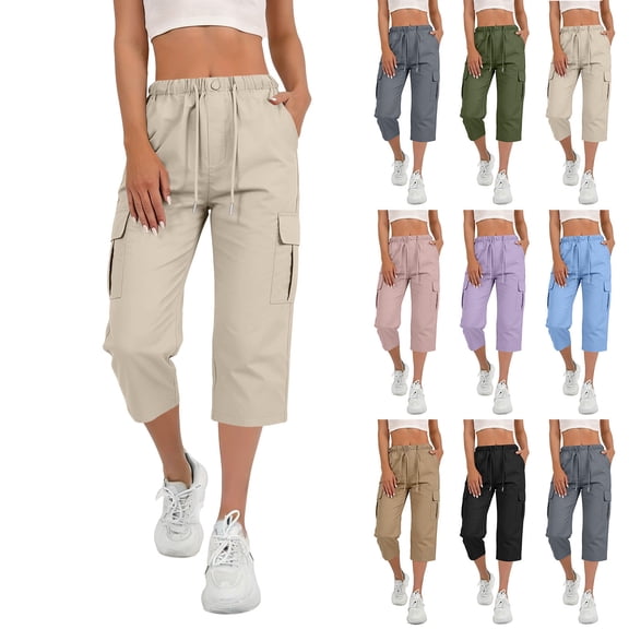 Womens Capri Cargo Pants Summer Casual Cropped Utility Pants Lightweight Elastic Waist Drawstring with 6 Pockets for Travel,Army Green,L