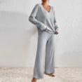 thumbnail image 4 of Soft Ribbed Fall Loungewear Outfit Women's Long Sleeve V-Neck Top & Relaxed Wide Leg Pants, 4 of 8