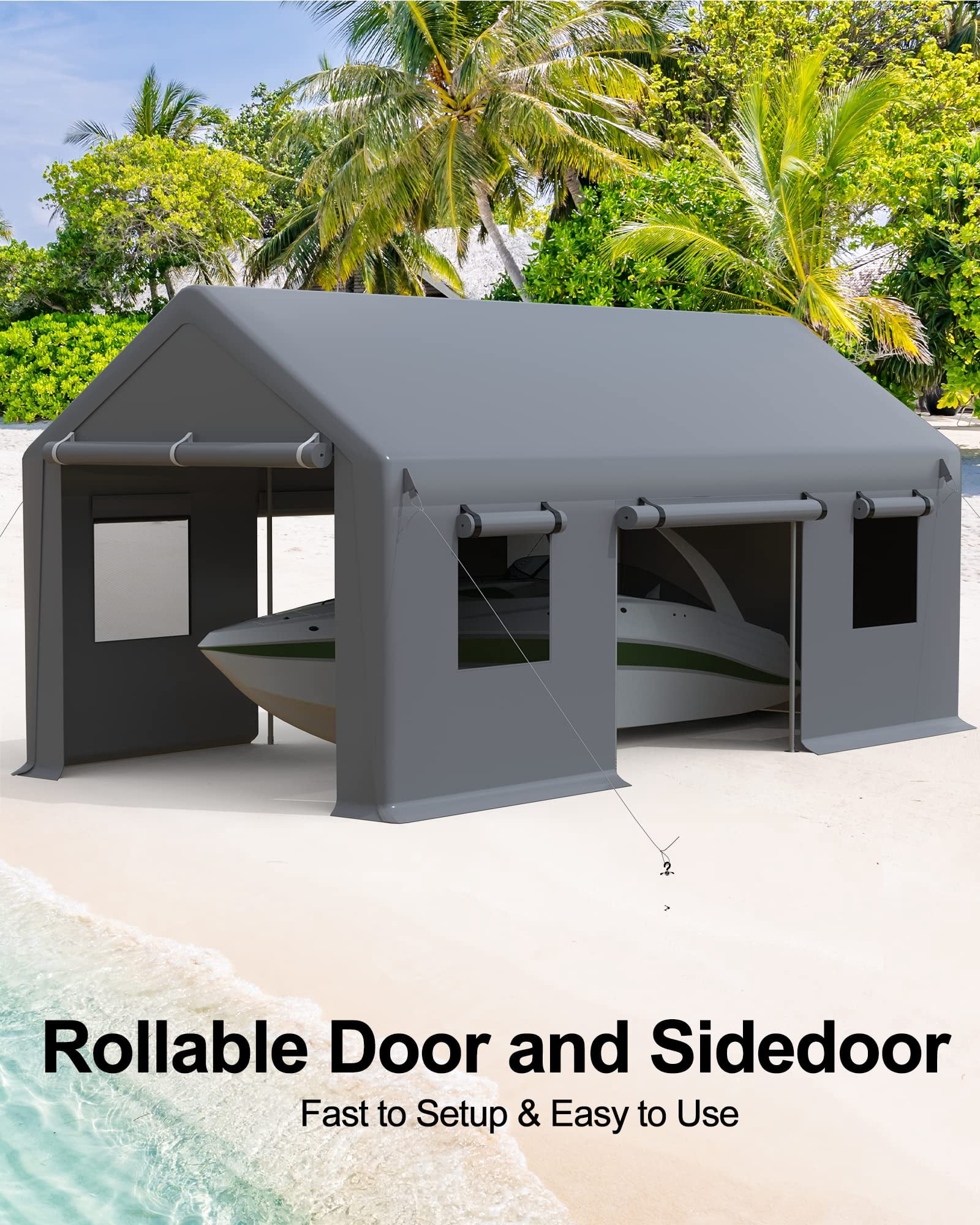 Riedhoff 10x20 ft Carport with 180g PE Tarp & Roll-up Doors for Sedans,Motos,ATVs and SUVs,Gray