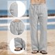 thumbnail image 4 of Pantalones casuales de lino para hombre, pantalones holgados de pierna recta con cintura elástica, pantalones de yoga para playa y verano, 4 of 5
