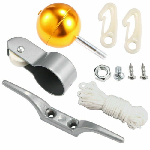 Paddsun Metal Flag Pole Parts Repair Kit Set Dia Truck Pulley Gold Ball  Cleat Clips Rope 