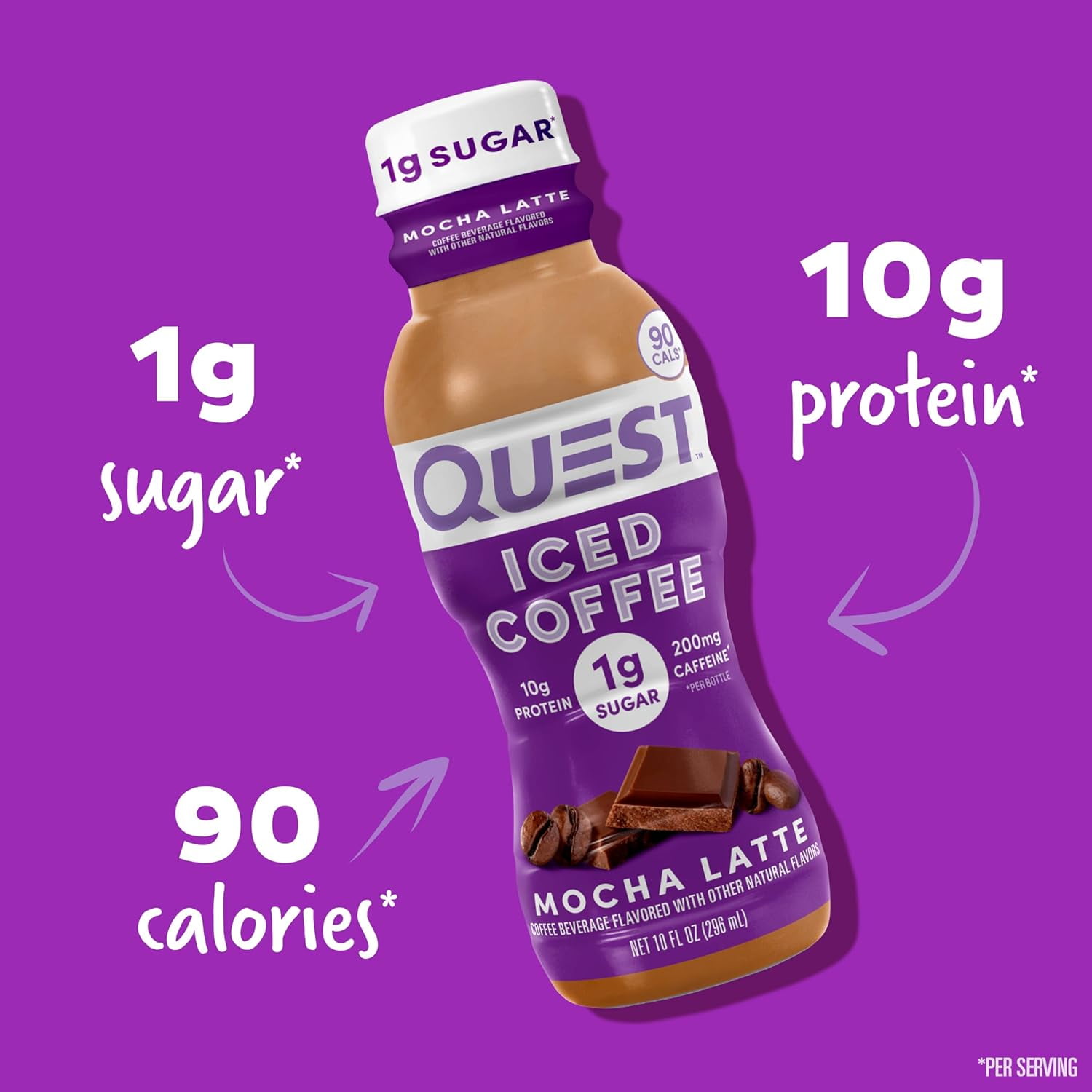 Quest Iced Coffee Drink, Mocha Latte Flavor, 1g Sugar, 200mg of Caffeine, 10 fl oz., 12 Count