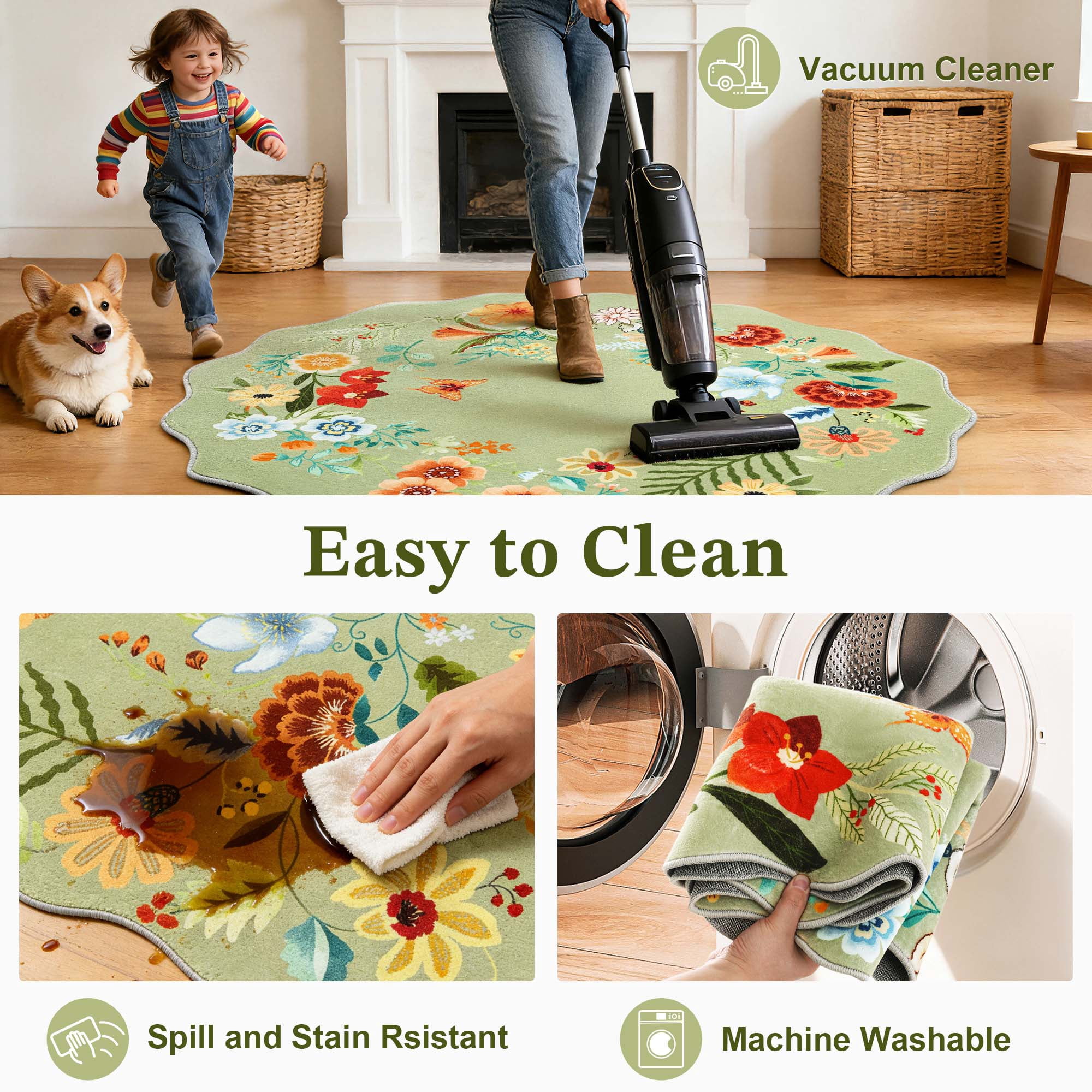 Carvapet Round 3' Floral Living Room Rugs, Ultra-Thin Soft Area Rugs for Bedroom, Non-Slip Washable Boho Rug Low-Pile Throw mat for ‎Dining Room Office, Green