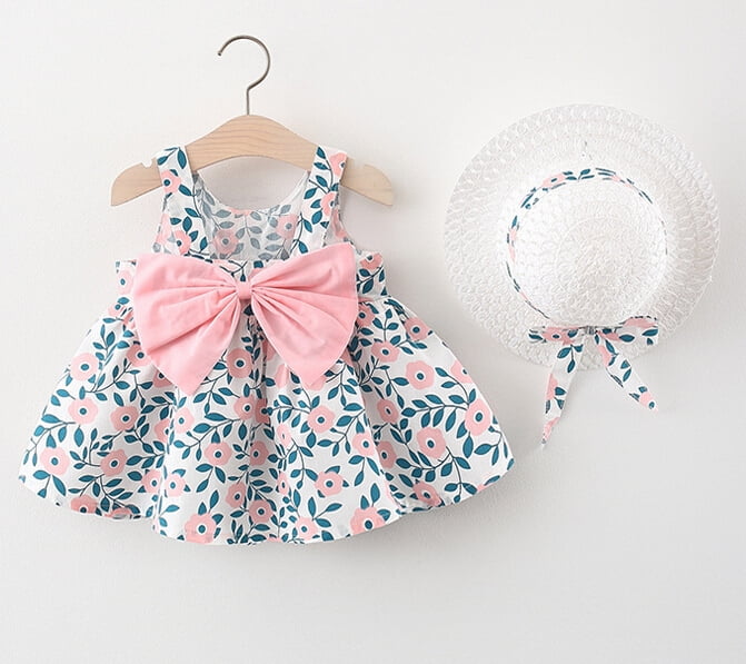 Toddler Baby Kids Girl Sleeveless Strap Dot Print Bow Princess Dress+Hat Outfits