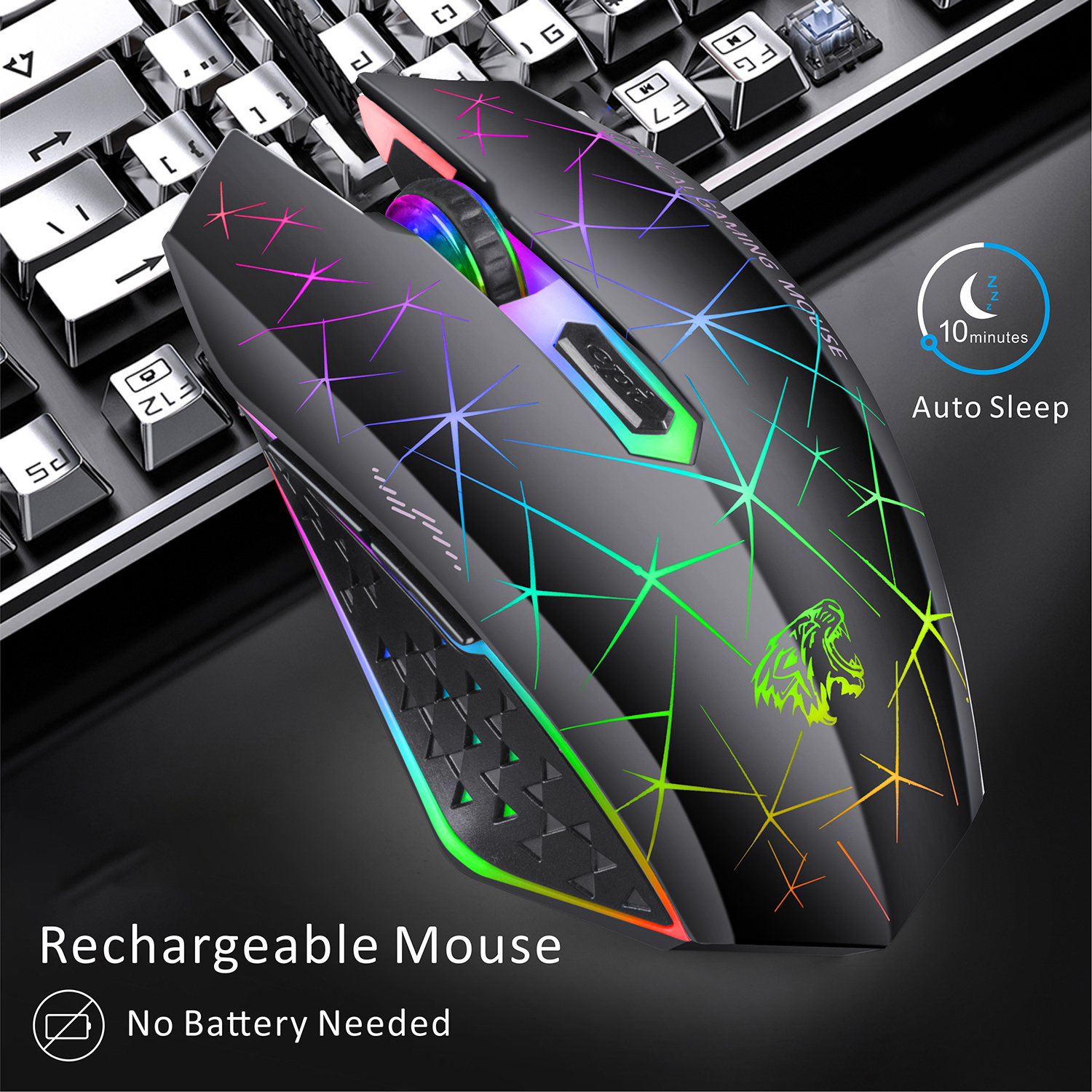 TENMOS Wireless Gaming Mouse, Rechargeable, Silent, LED, Black photo 8