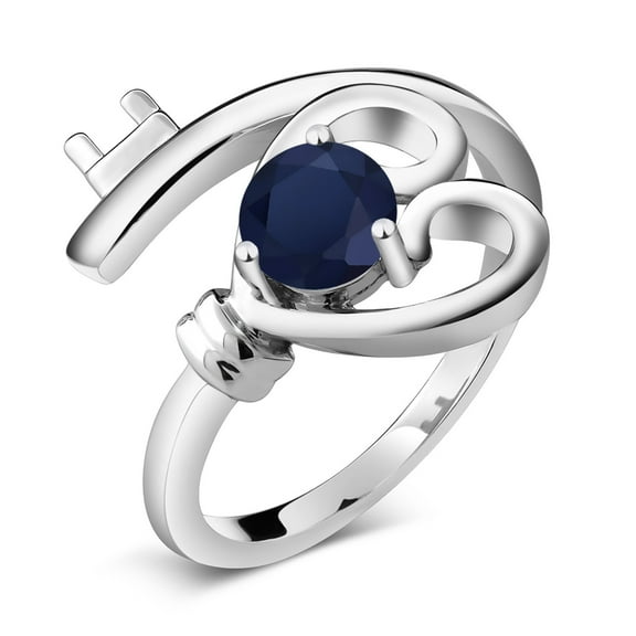 Gem Stone King 0.60 Ct Round Blue Sapphire 925 Sterling Silver Heart Key Ring (Size 6)