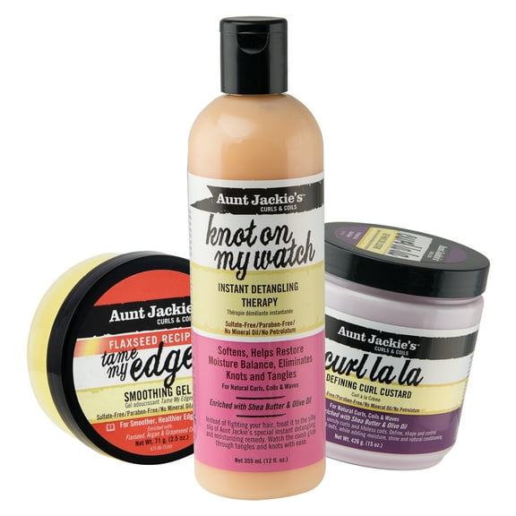 Aunt Jackie’s classic collection Perfect Tame Your Mane 3 Pack Bundle, Tame My Edges, Knot On My Watch, Curl La La, Moisturize and Style Your Curls with Ingredients Like Shea Butter and Olive Oil