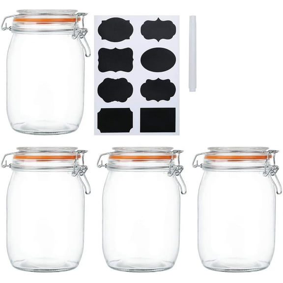 32 oz Wide Mouth Mason Jars With Airtight Hinged Lids, Leak Proof Rubber Gasket - 1000ml Glass Storage Containers, Set of 4