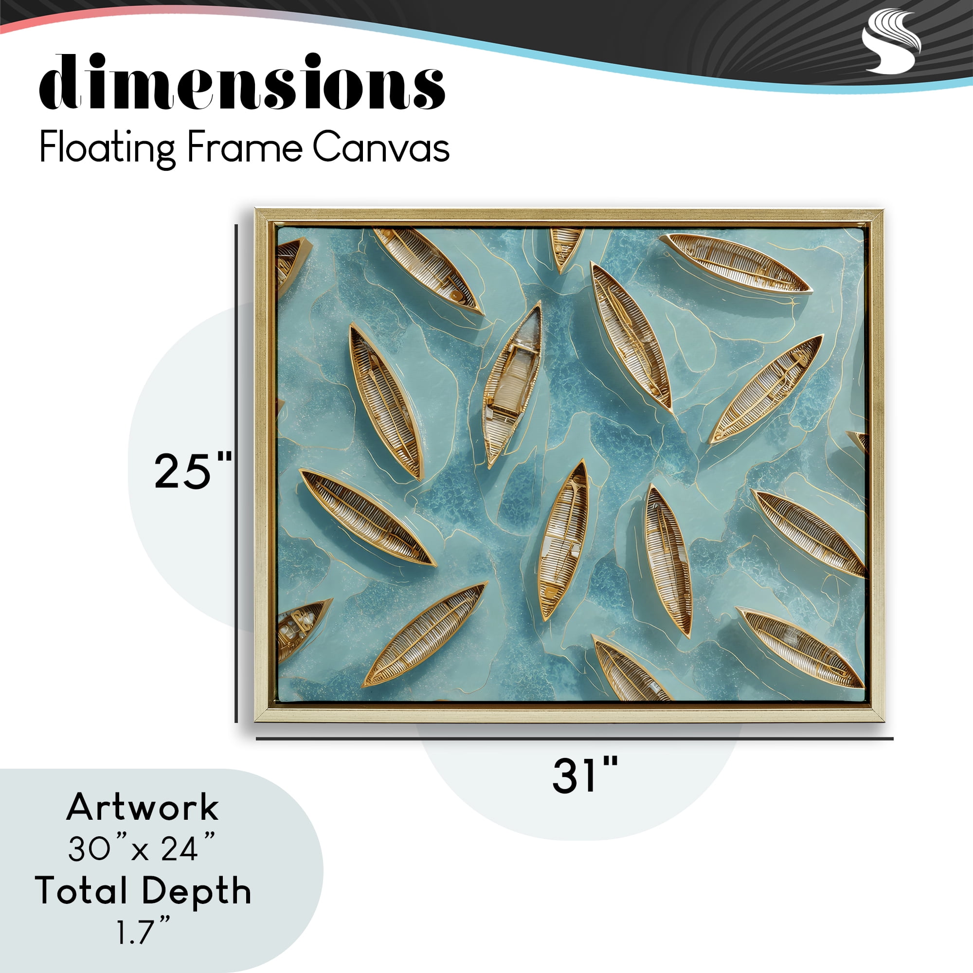 Harmonious Canoes on Water Gold Framed Floater Canvas Wall Art, design by Franklyn Gregory